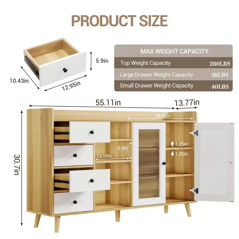 55 Rustic Kitchen Storage Cabinet, Sideboard Cabinet with Drawers - Kitchen Buffet Cabinet with Glass Doors & Adjustable Shelves