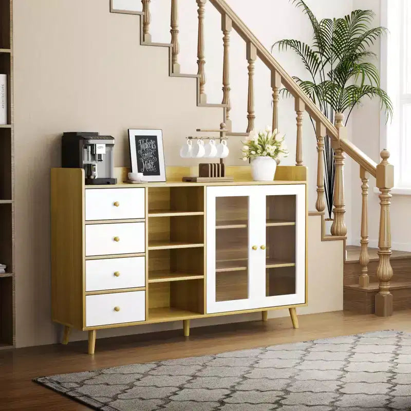 55 Rustic Kitchen Storage Cabinet, Sideboard Cabinet with Drawers - Kitchen Buffet Cabinet with Glass Doors & Adjustable Shelves