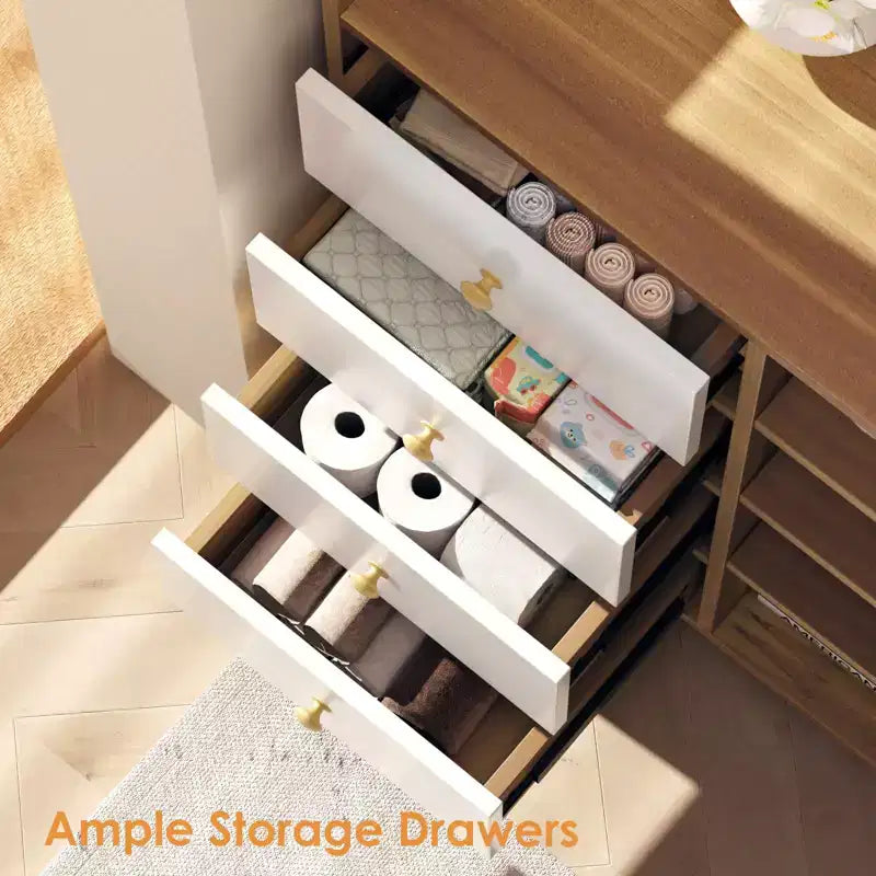 55 Rustic Kitchen Storage Cabinet, Sideboard Cabinet with Drawers - Kitchen Buffet Cabinet with Glass Doors & Adjustable Shelves