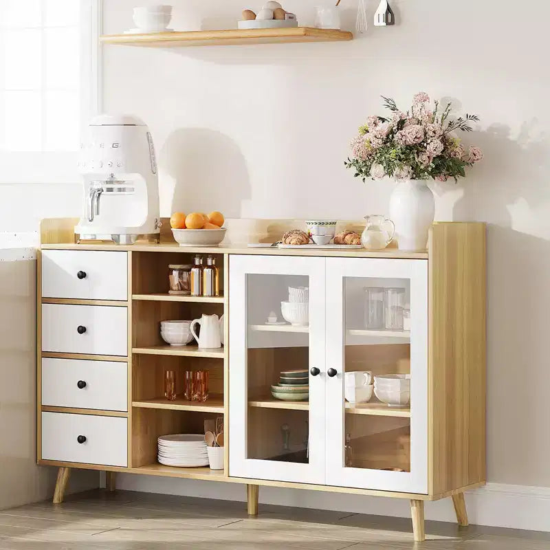 55 Rustic Kitchen Storage Cabinet, Sideboard Cabinet with Drawers - Kitchen Buffet Cabinet with Glass Doors & Adjustable Shelves