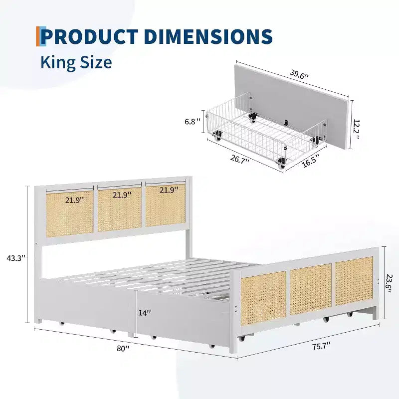 King Size Bed Frame with Headboard, Bohemian Rattan Platform Bed with Storage Drawers and LED Lighting, Complete Support System