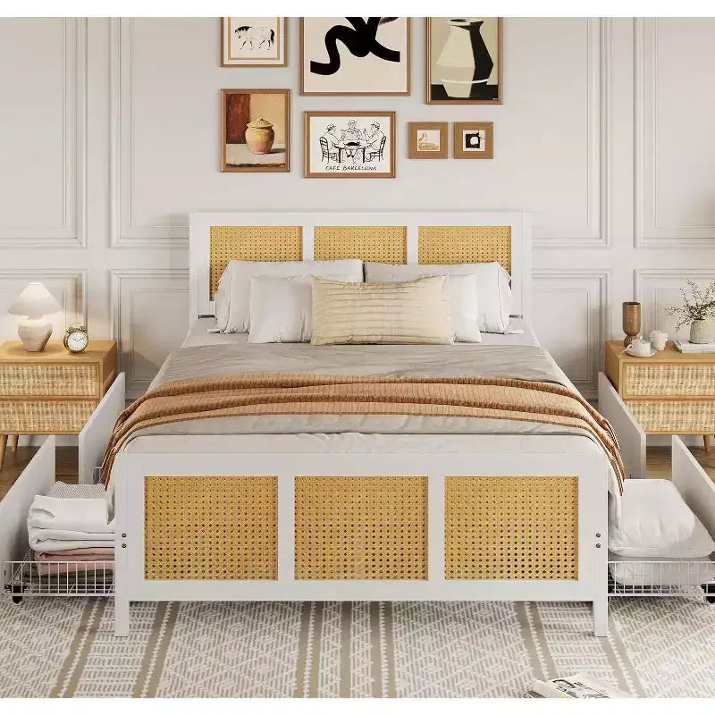 King Size Bed Frame with Headboard, Bohemian Rattan Platform Bed with Storage Drawers and LED Lighting, Complete Support System