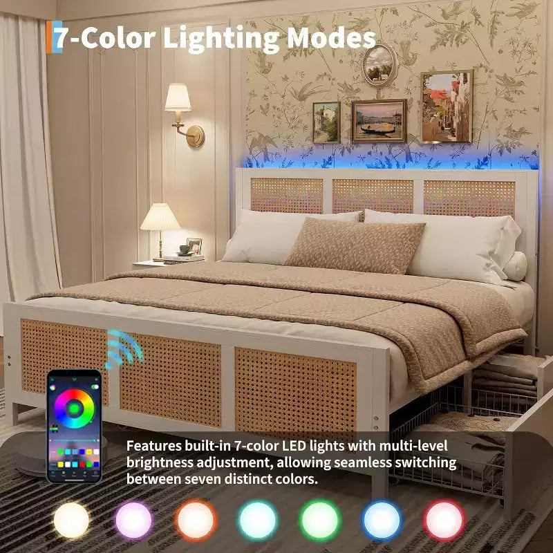 King Size Bed Frame with Headboard, Bohemian Rattan Platform Bed with Storage Drawers and LED Lighting, Complete Support System