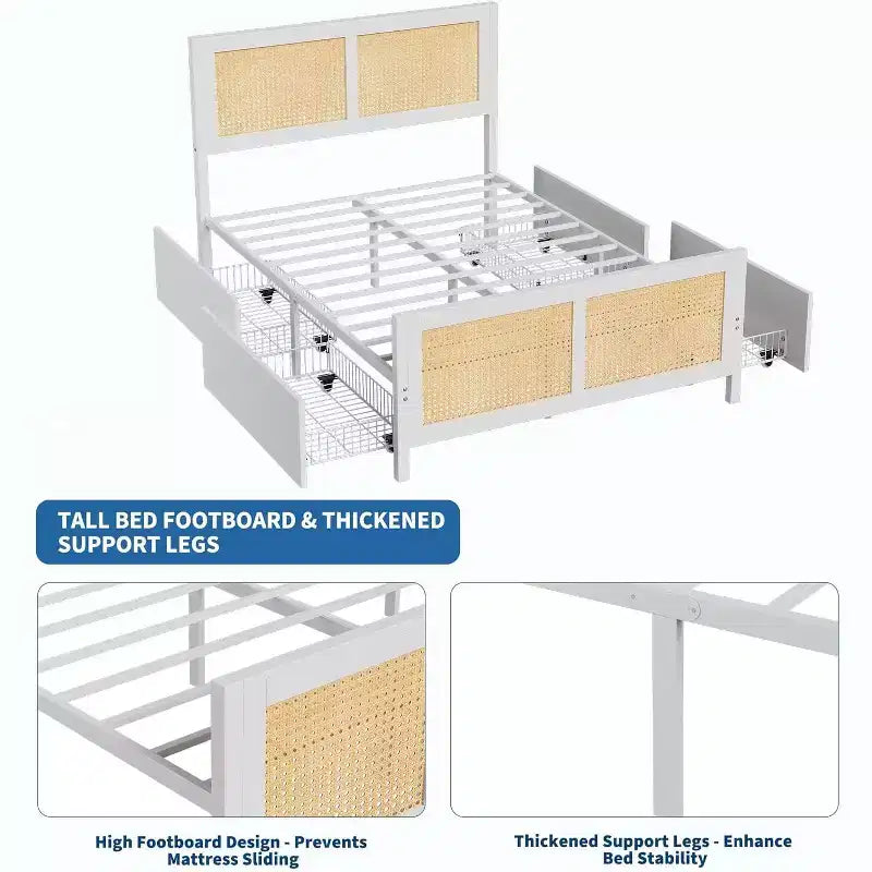 King Size Bed Frame with Headboard, Bohemian Rattan Platform Bed with Storage Drawers and LED Lighting, Complete Support System