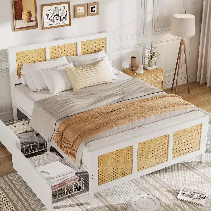 King Size Bed Frame with Headboard, Bohemian Rattan Platform Bed with Storage Drawers and LED Lighting, Complete Support System