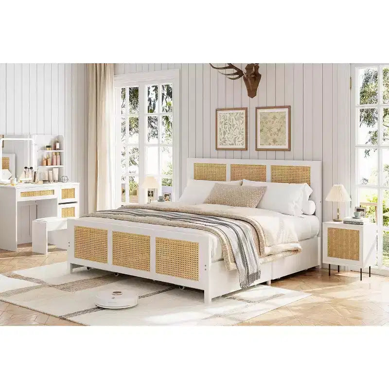 King Size Bed Frame with Headboard, Bohemian Rattan Platform Bed with Storage Drawers and LED Lighting, Complete Support System