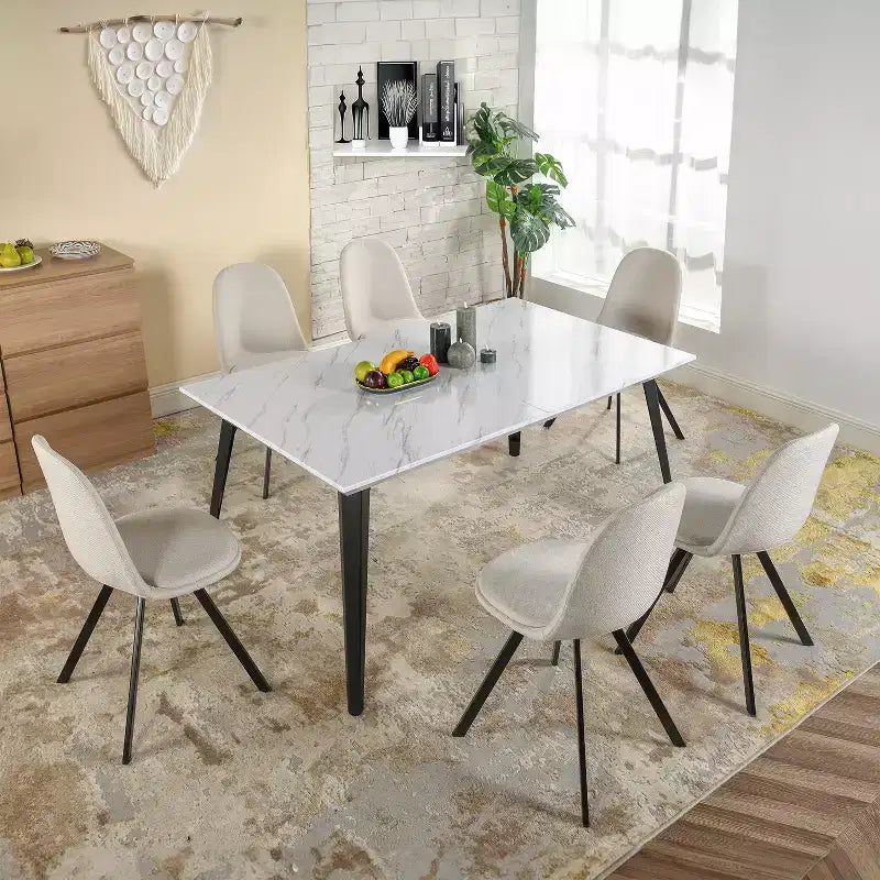 Dining Table for 4-6 Person with Sturdy Thickened Faux Marble Print Tabletop and Metal Steel Legs, White