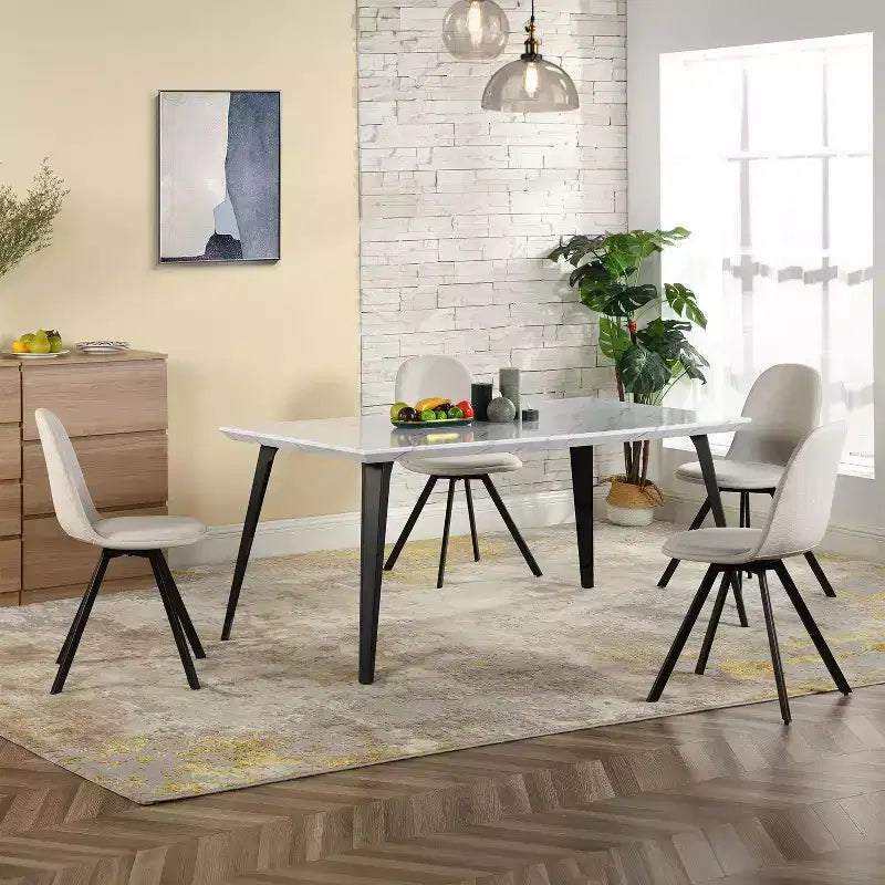 Dining Table for 4-6 Person with Sturdy Thickened Faux Marble Print Tabletop and Metal Steel Legs, White
