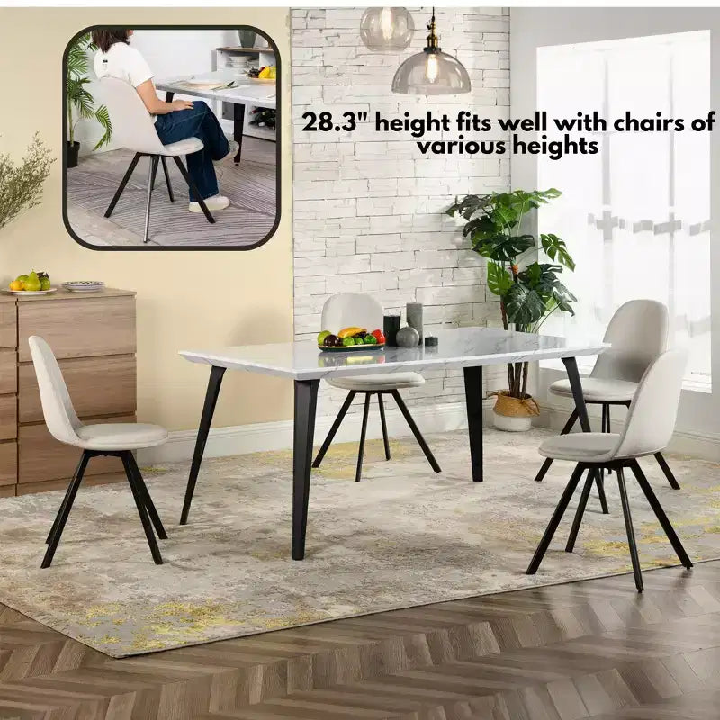 Dining Table for 4-6 Person with Sturdy Thickened Faux Marble Print Tabletop and Metal Steel Legs, White