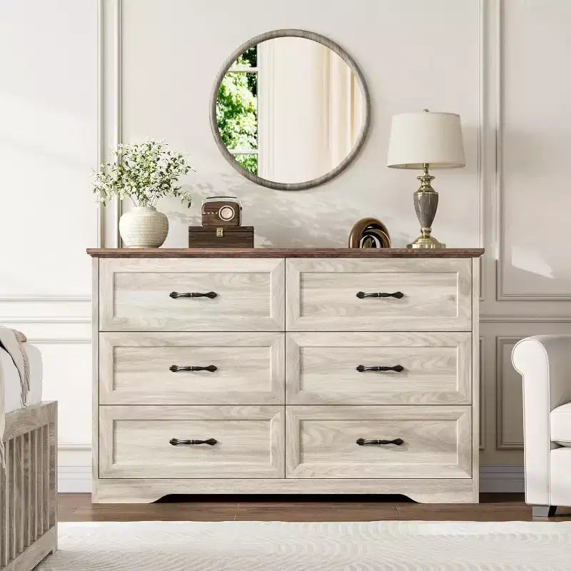 6-Drawer Wooden Dresser for Bedroom with Wide Metal Handles, Modern Farmhouse Style Chest of Drawers, Storage Organizer for Bedroom and Living Room