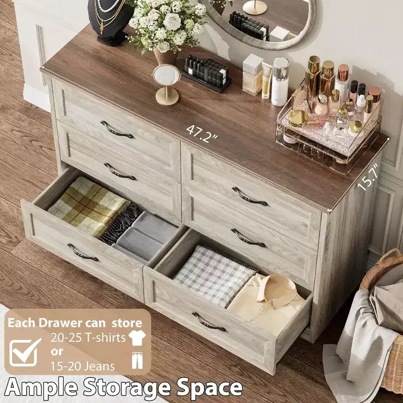 6-Drawer Wooden Dresser for Bedroom with Wide Metal Handles, Modern Farmhouse Style Chest of Drawers, Storage Organizer for Bedroom and Living Room