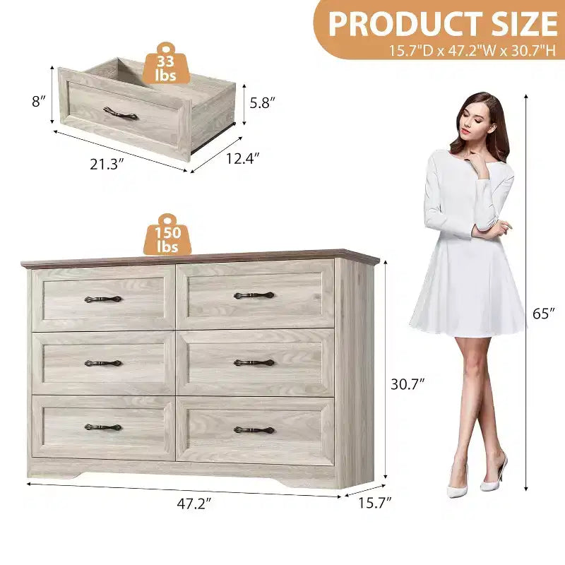 6-Drawer Wooden Dresser for Bedroom with Wide Metal Handles, Modern Farmhouse Style Chest of Drawers, Storage Organizer for Bedroom and Living Room