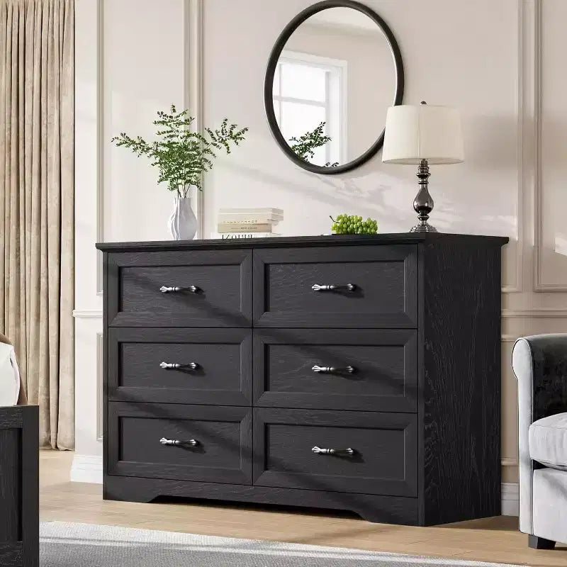 6-Drawer Wooden Dresser for Bedroom with Wide Metal Handles, Modern Farmhouse Style Chest of Drawers, Storage Organizer for Bedroom and Living Room
