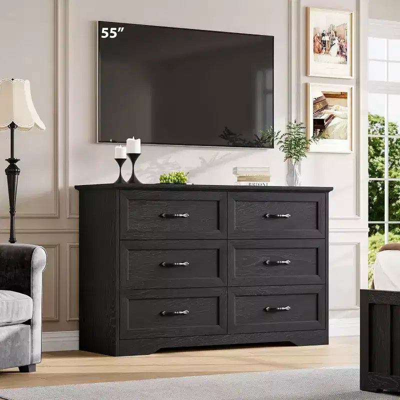 6-Drawer Wooden Dresser for Bedroom with Wide Metal Handles, Modern Farmhouse Style Chest of Drawers, Storage Organizer for Bedroom and Living Room