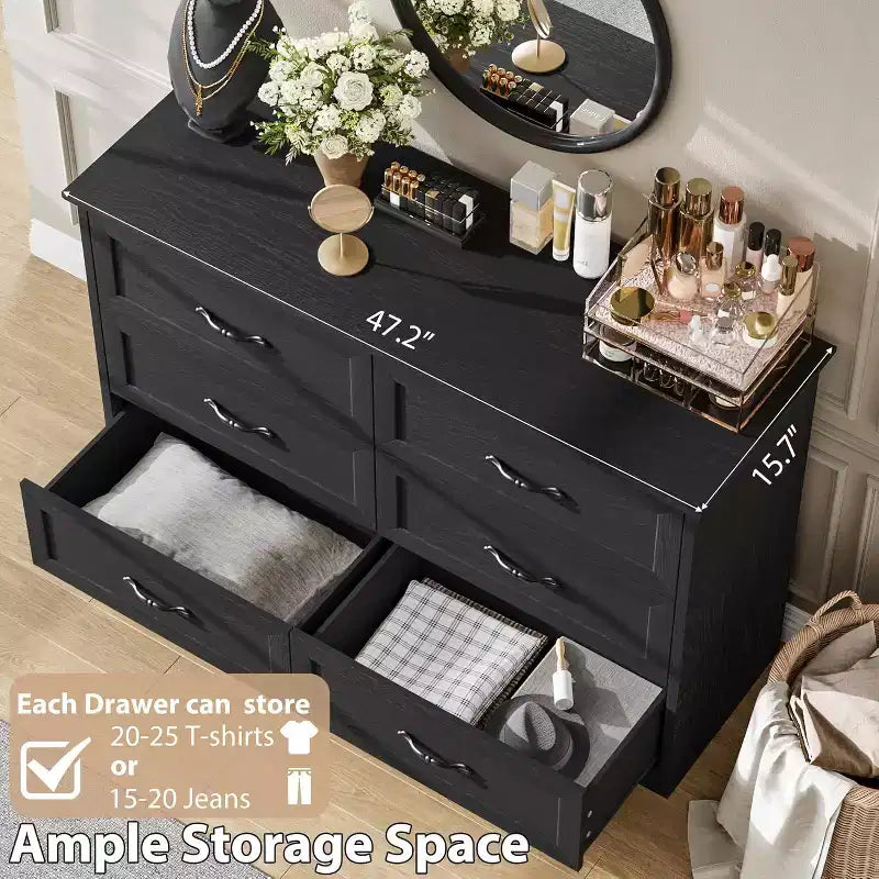 6-Drawer Wooden Dresser for Bedroom with Wide Metal Handles, Modern Farmhouse Style Chest of Drawers, Storage Organizer for Bedroom and Living Room