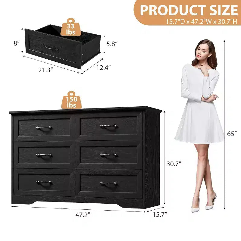 6-Drawer Wooden Dresser for Bedroom with Wide Metal Handles, Modern Farmhouse Style Chest of Drawers, Storage Organizer for Bedroom and Living Room