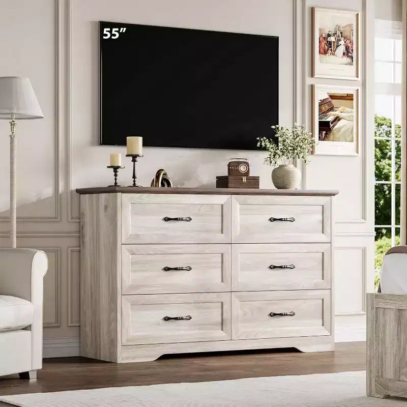 6-Drawer Wooden Dresser for Bedroom with Wide Metal Handles, Modern Farmhouse Style Chest of Drawers, Storage Organizer for Bedroom and Living Room