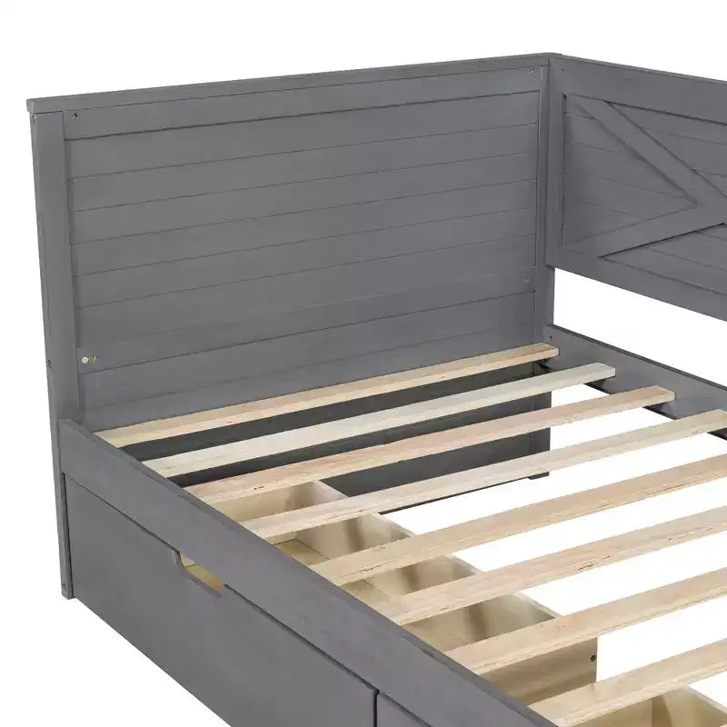 Cadre de lit de repos double avec tiroirs de rangement, lit de repos d'angle en forme de L de style ferme pour chambre à coucher, gris