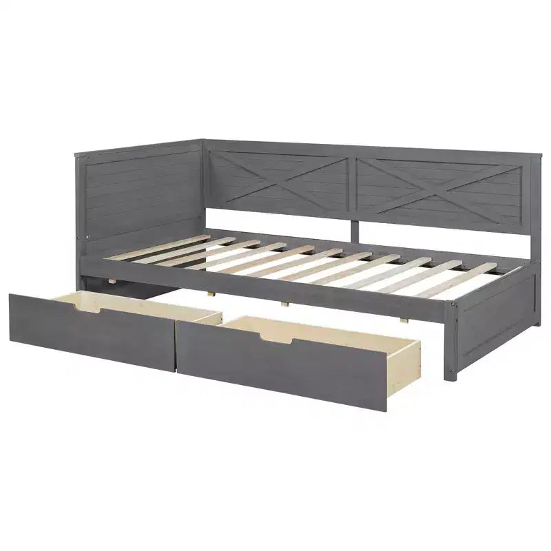 Cadre de lit de repos double avec tiroirs de rangement, lit de repos d'angle en forme de L de style ferme pour chambre à coucher, gris