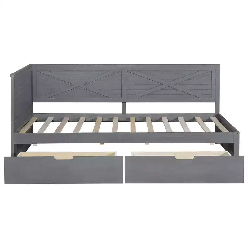 Cadre de lit de repos double avec tiroirs de rangement, lit de repos d'angle en forme de L de style ferme pour chambre à coucher, gris