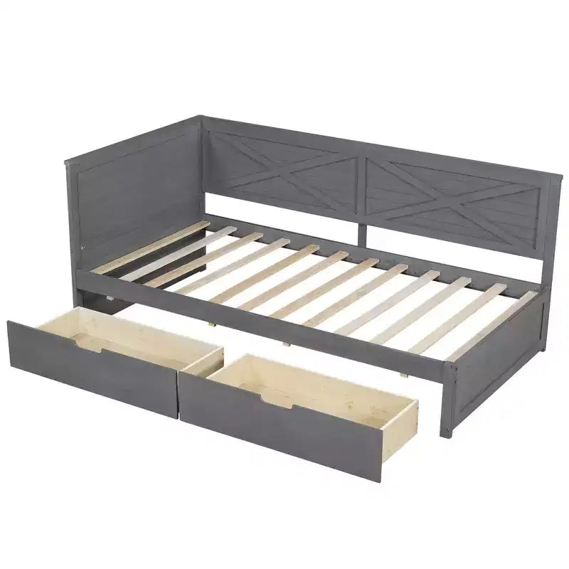 Cadre de lit de repos double avec tiroirs de rangement, lit de repos d'angle en forme de L de style ferme pour chambre à coucher, gris