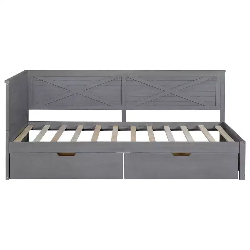Cadre de lit de repos double avec tiroirs de rangement, lit de repos d'angle en forme de L de style ferme pour chambre à coucher, gris