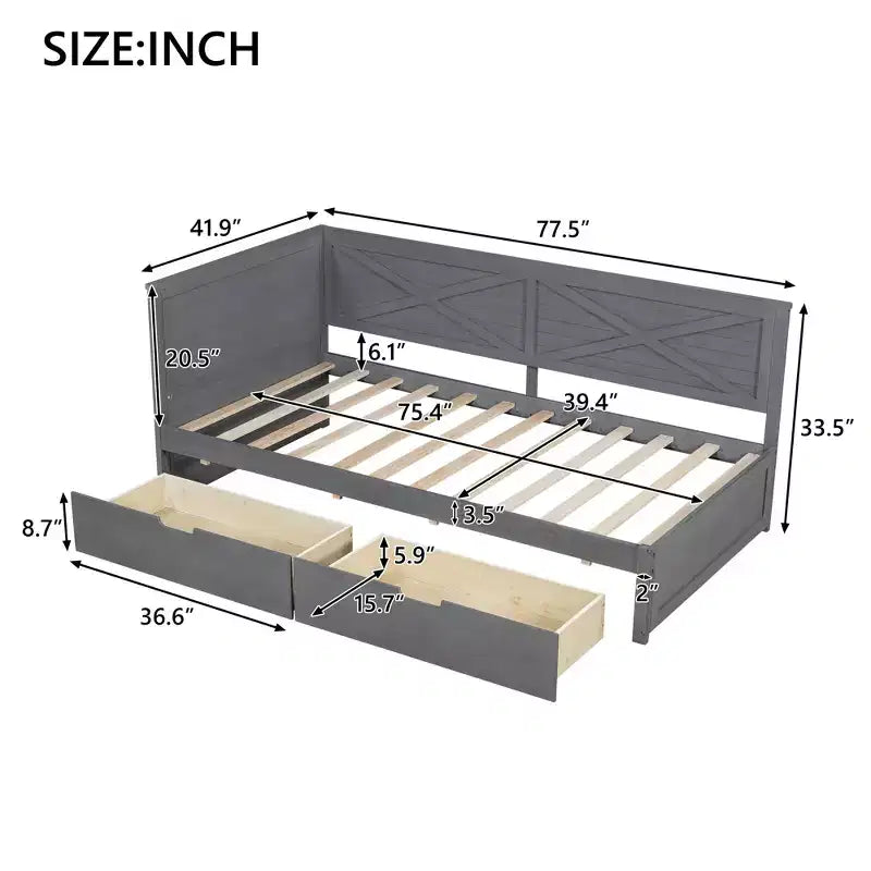 Cadre de lit de repos double avec tiroirs de rangement, lit de repos d'angle en forme de L de style ferme pour chambre à coucher, gris