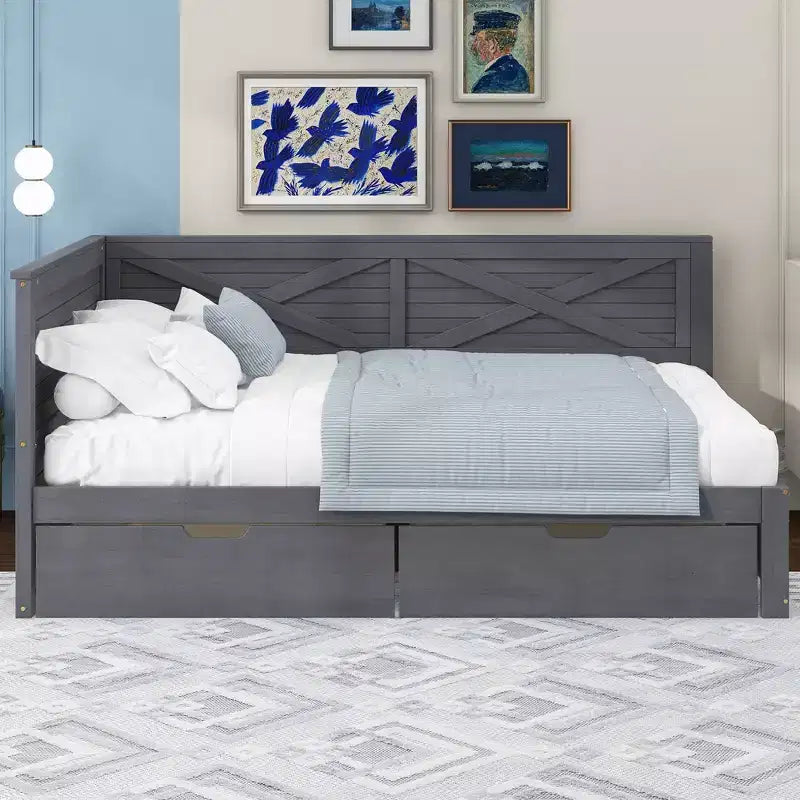 Cadre de lit de repos double avec tiroirs de rangement, lit de repos d'angle en forme de L de style ferme pour chambre à coucher, gris