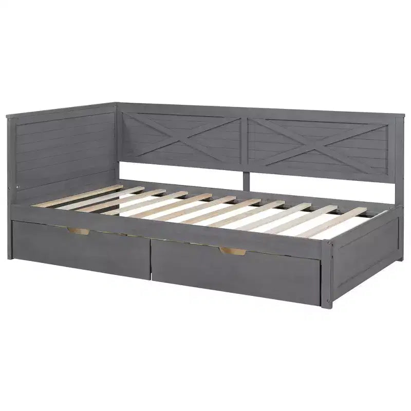 Cadre de lit de repos double avec tiroirs de rangement, lit de repos d'angle en forme de L de style ferme pour chambre à coucher, gris
