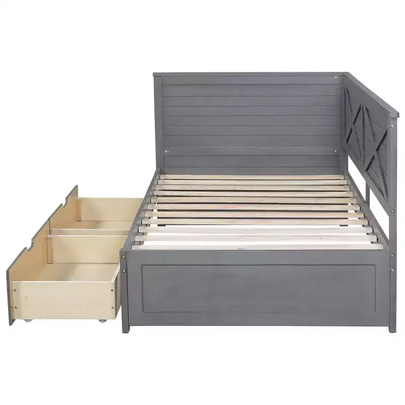 Cadre de lit de repos double avec tiroirs de rangement, lit de repos d'angle en forme de L de style ferme pour chambre à coucher, gris