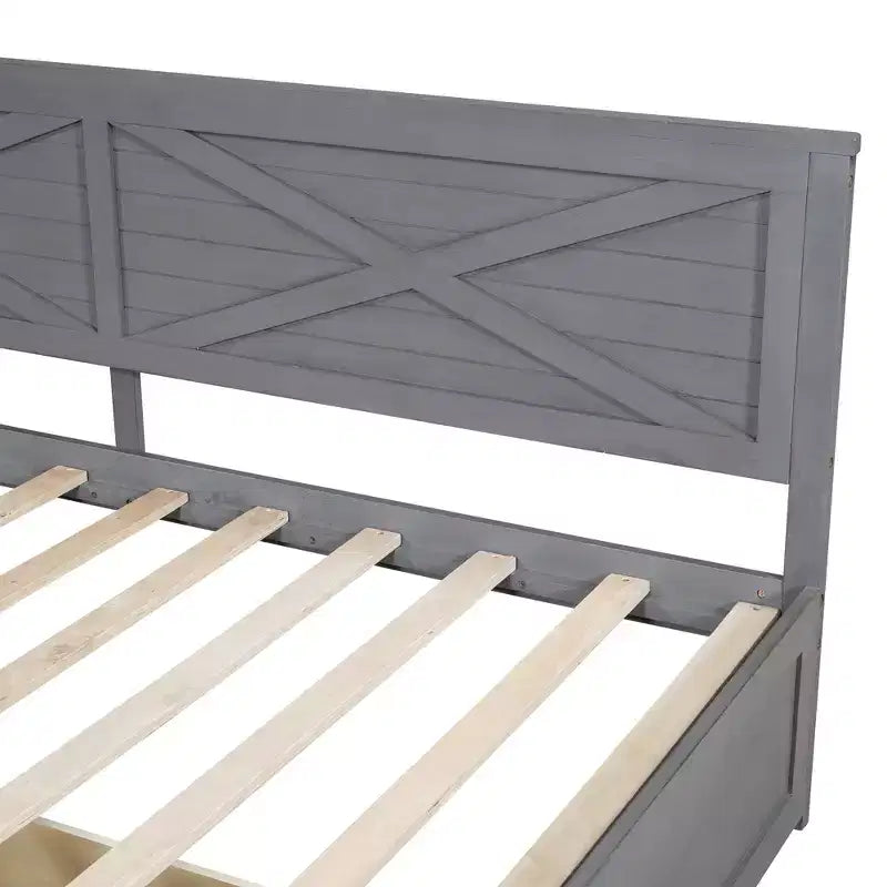 Cadre de lit de repos double avec tiroirs de rangement, lit de repos d'angle en forme de L de style ferme pour chambre à coucher, gris