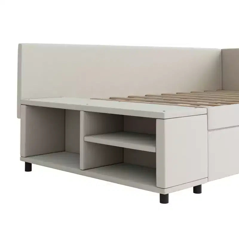 Twin Size L-Shaped Platform Bed with Wrap-Around Storage and Drawers, Sturdy and Durable Construction