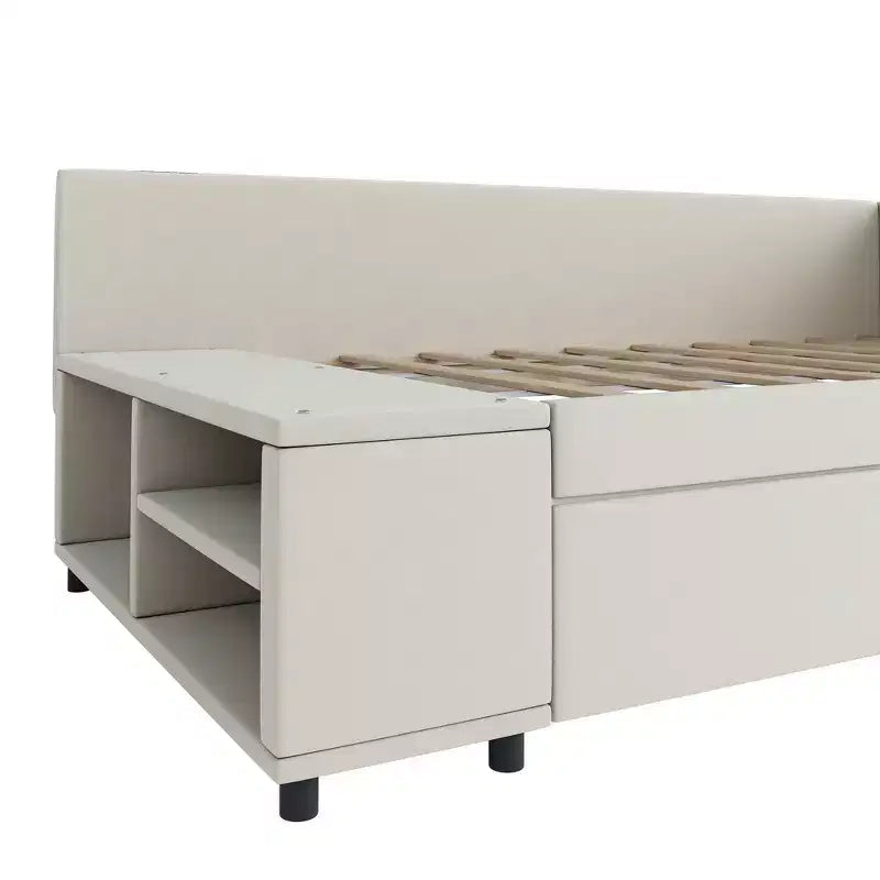 Twin Size L-Shaped Platform Bed with Wrap-Around Storage and Drawers, Sturdy and Durable Construction