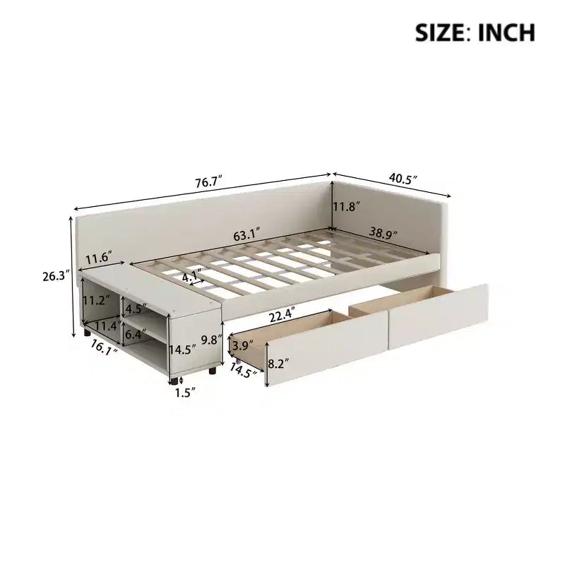 Twin Size L-Shaped Platform Bed with Wrap-Around Storage and Drawers, Sturdy and Durable Construction
