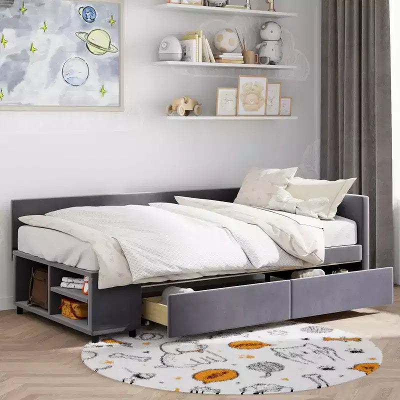 Twin Size L-Shaped Platform Bed with Wrap-Around Storage and Drawers, Sturdy and Durable Construction