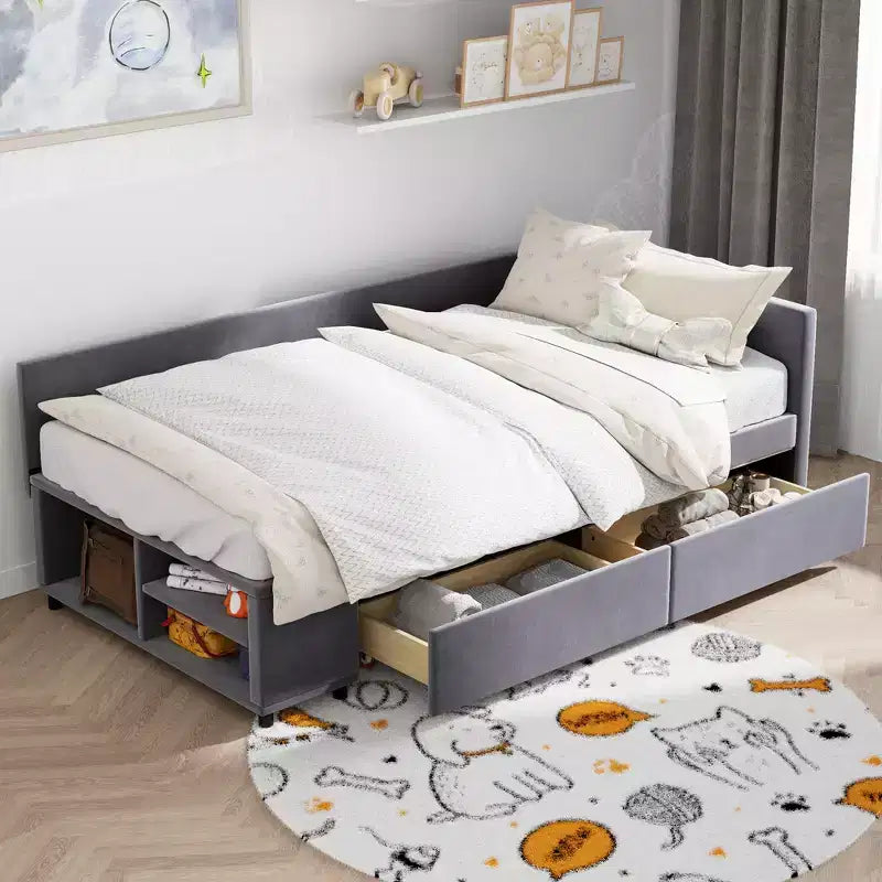 Twin Size L-Shaped Platform Bed with Wrap-Around Storage and Drawers, Sturdy and Durable Construction