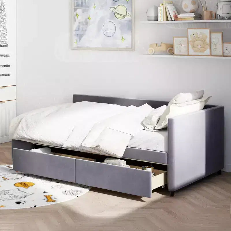 Twin Size L-Shaped Platform Bed with Wrap-Around Storage and Drawers, Sturdy and Durable Construction