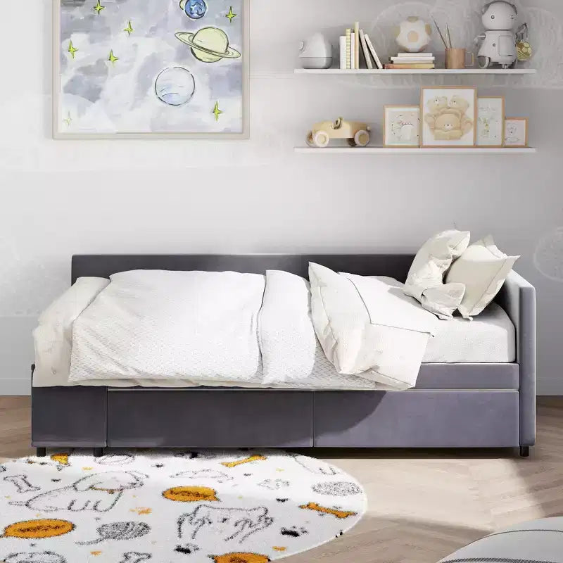 Twin Size L-Shaped Platform Bed with Wrap-Around Storage and Drawers, Sturdy and Durable Construction