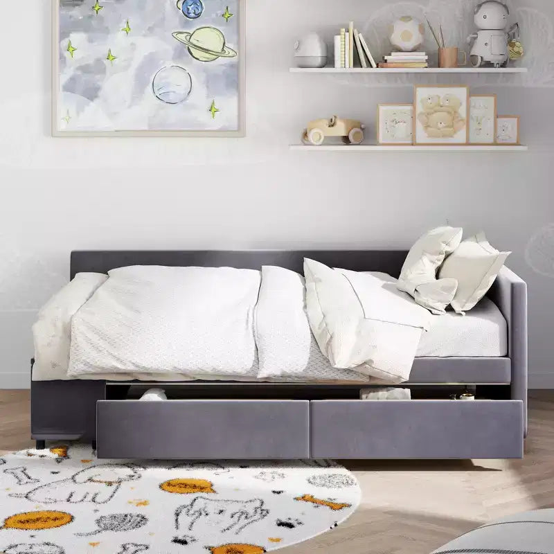 Twin Size L-Shaped Platform Bed with Wrap-Around Storage and Drawers, Sturdy and Durable Construction