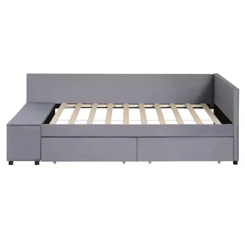 Twin Size L-Shaped Platform Bed with Wrap-Around Storage and Drawers, Sturdy and Durable Construction