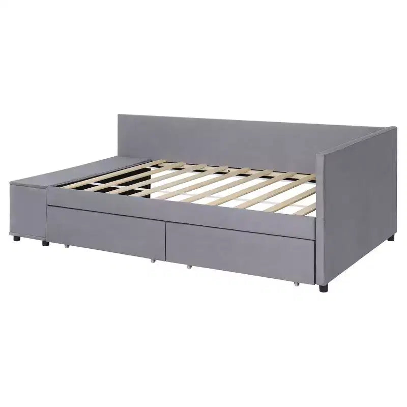 Twin Size L-Shaped Platform Bed with Wrap-Around Storage and Drawers, Sturdy and Durable Construction