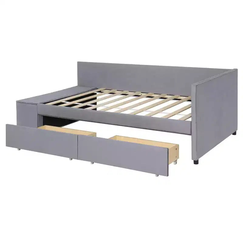 Twin Size L-Shaped Platform Bed with Wrap-Around Storage and Drawers, Sturdy and Durable Construction