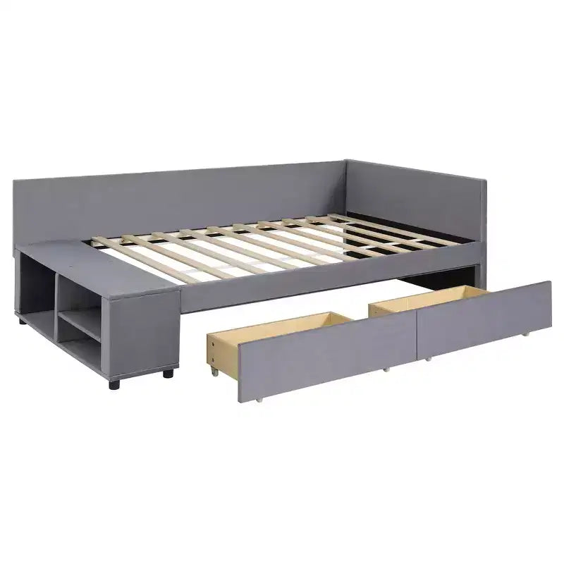Twin Size L-Shaped Platform Bed with Wrap-Around Storage and Drawers, Sturdy and Durable Construction