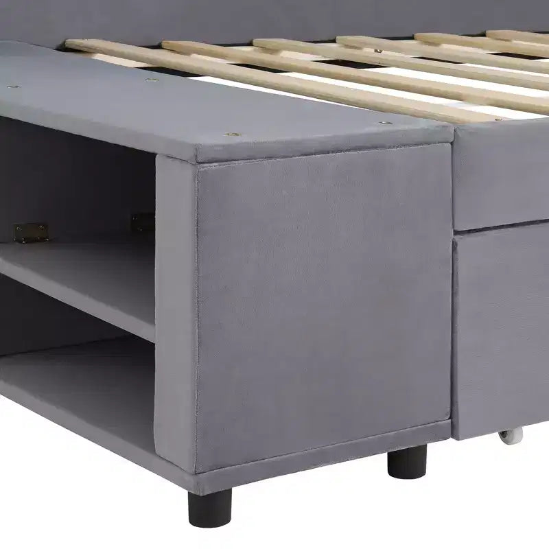 Twin Size L-Shaped Platform Bed with Wrap-Around Storage and Drawers, Sturdy and Durable Construction