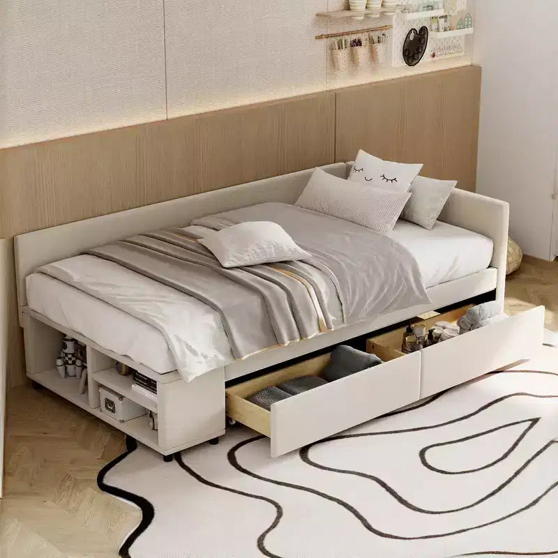 Twin Size L-Shaped Platform Bed with Wrap-Around Storage and Drawers, Sturdy and Durable Construction