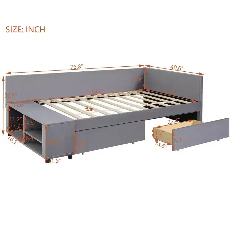 Twin Size L-Shaped Platform Bed with Wrap-Around Storage and Drawers, Sturdy and Durable Construction