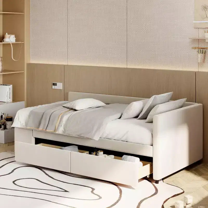 Twin Size L-Shaped Platform Bed with Wrap-Around Storage and Drawers, Sturdy and Durable Construction