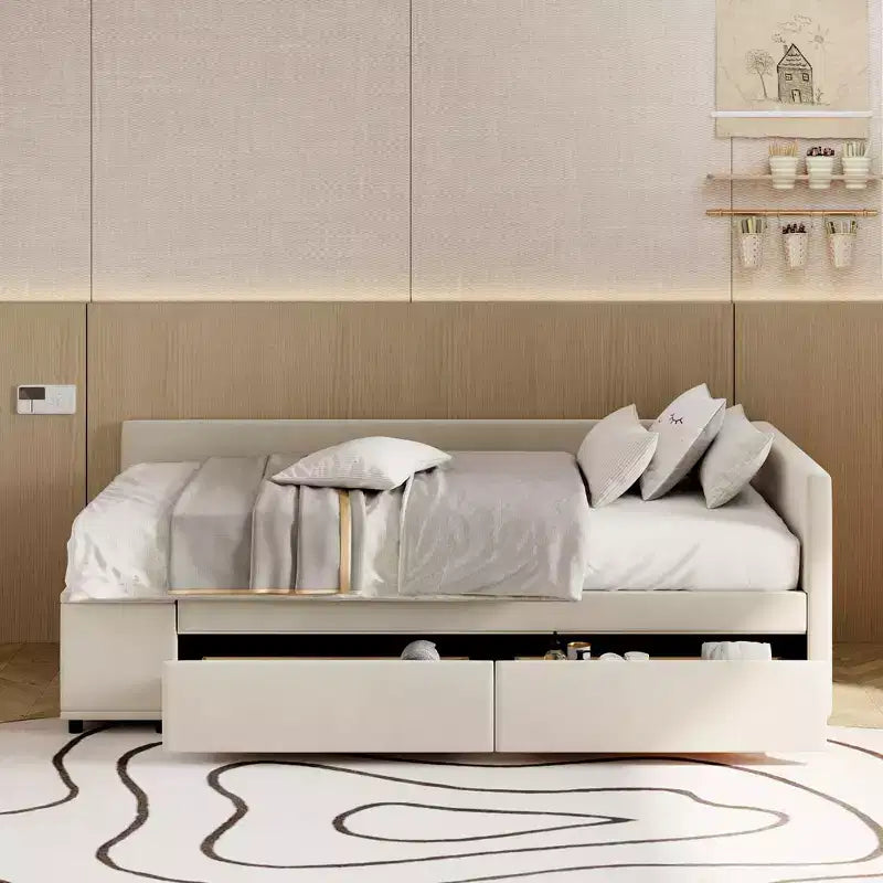 Twin Size L-Shaped Platform Bed with Wrap-Around Storage and Drawers, Sturdy and Durable Construction