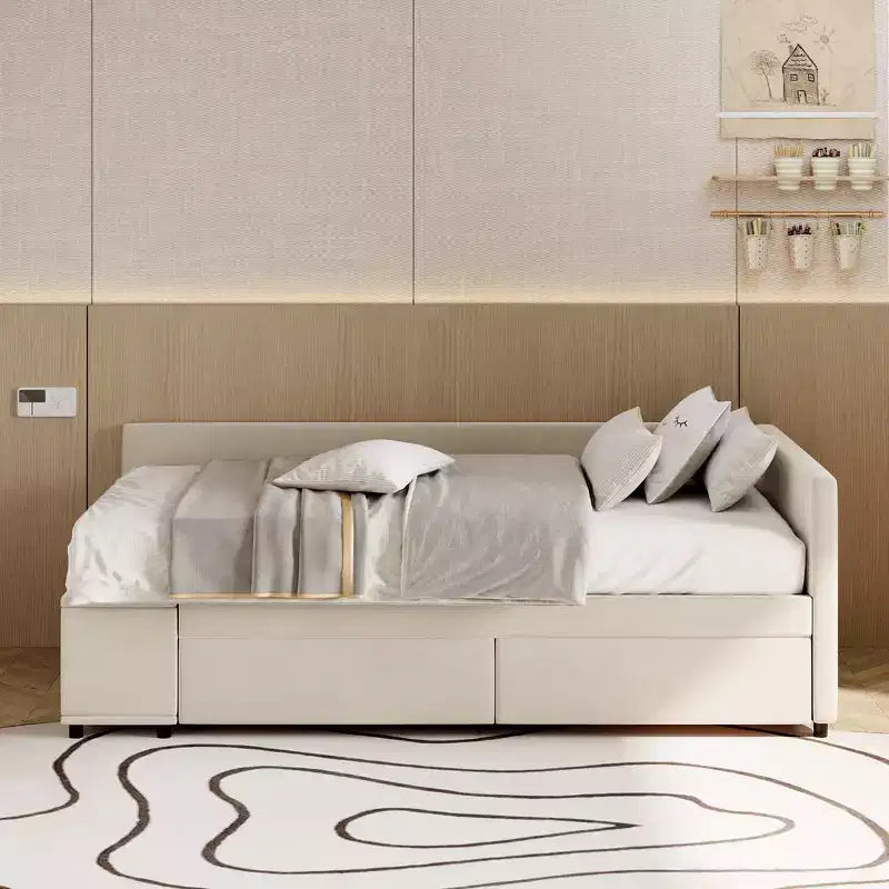 Twin Size L-Shaped Platform Bed with Wrap-Around Storage and Drawers, Sturdy and Durable Construction