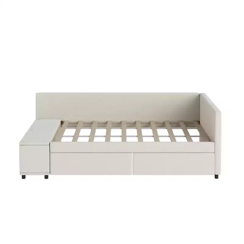 Twin Size L-Shaped Platform Bed with Wrap-Around Storage and Drawers, Sturdy and Durable Construction